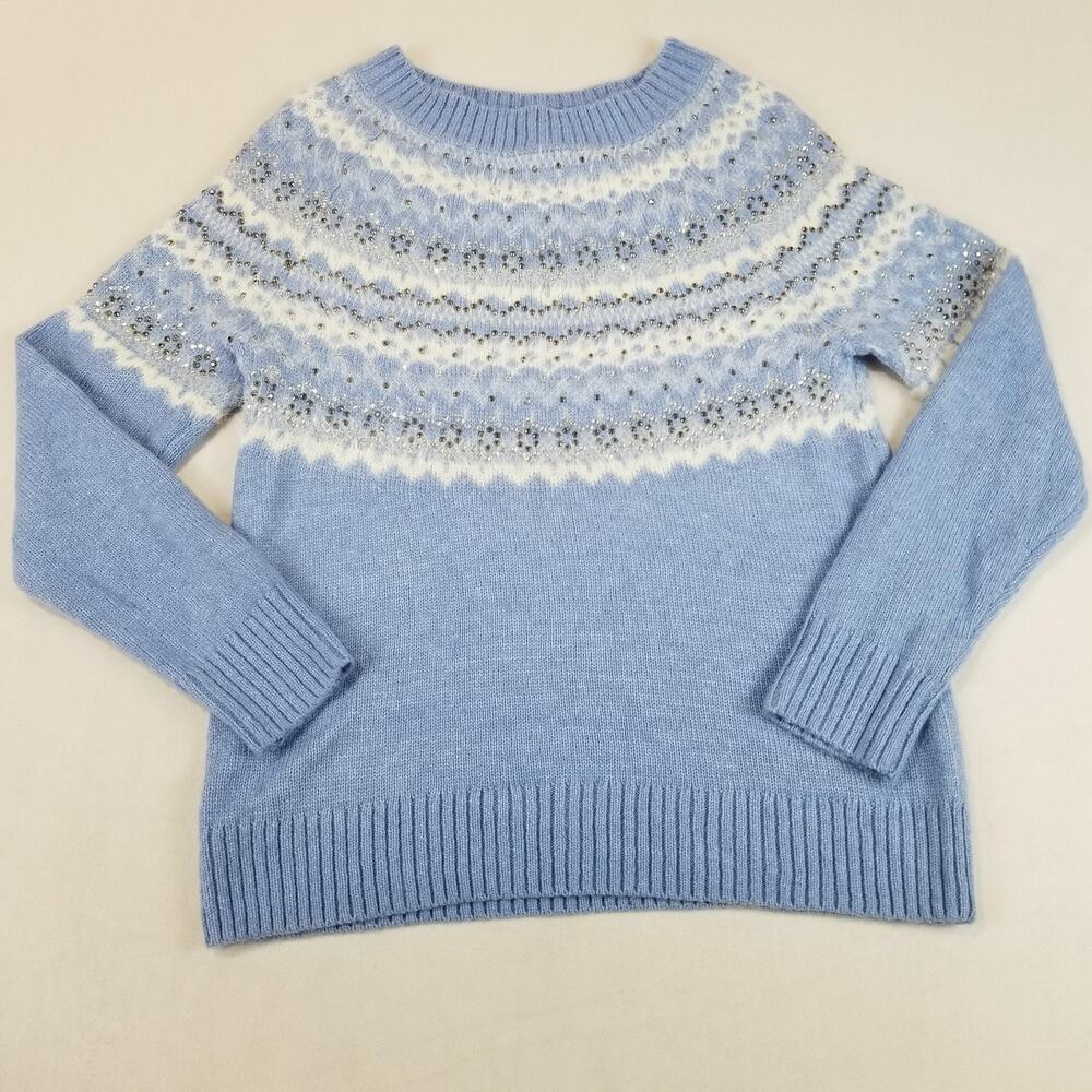 Talbots Sweater Womens Medium Blue Fair Isle Sequin Holiday Pullover Long Sleeve